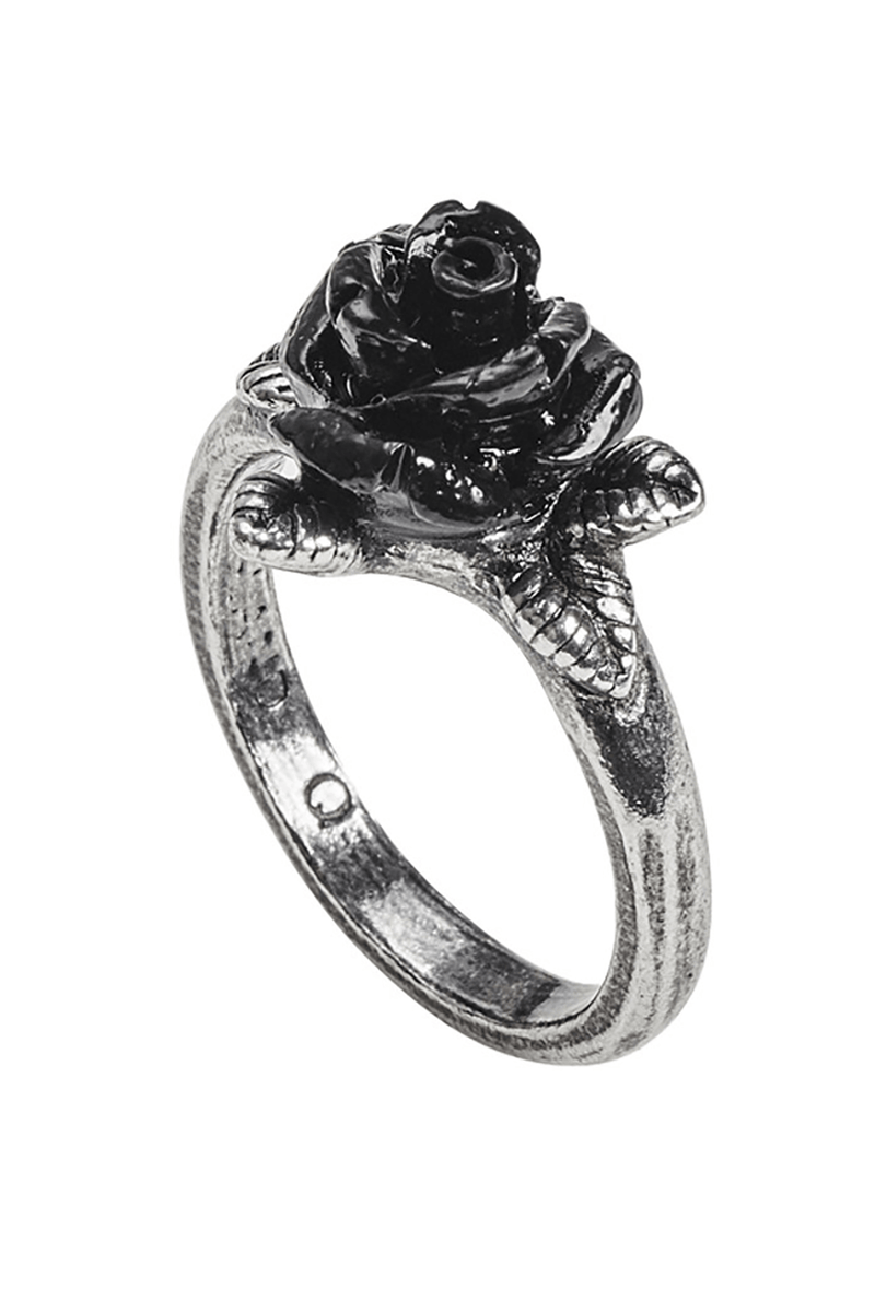Black Resin Rose Gothic Ring With Pewter Leaves Accent