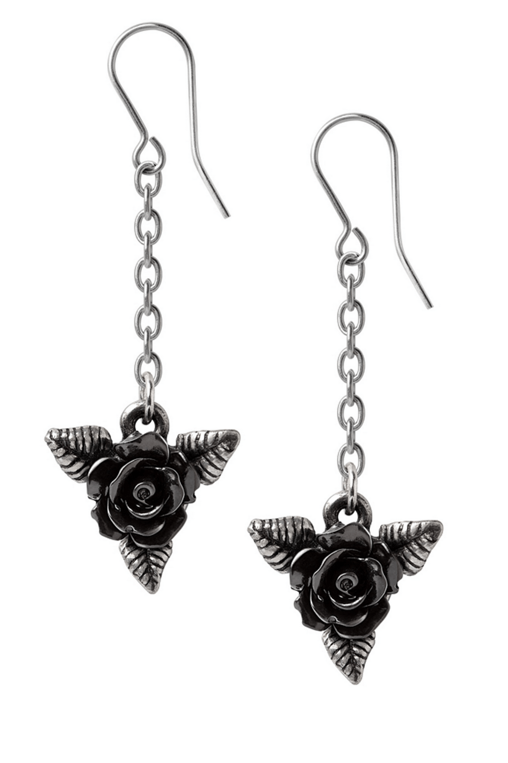 Black Rose Dropper Earrings With Silver Leaves