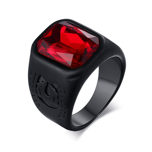 Black Stainless Steel Ring With Red Jewelry Glass / Cool and Finger Accessories