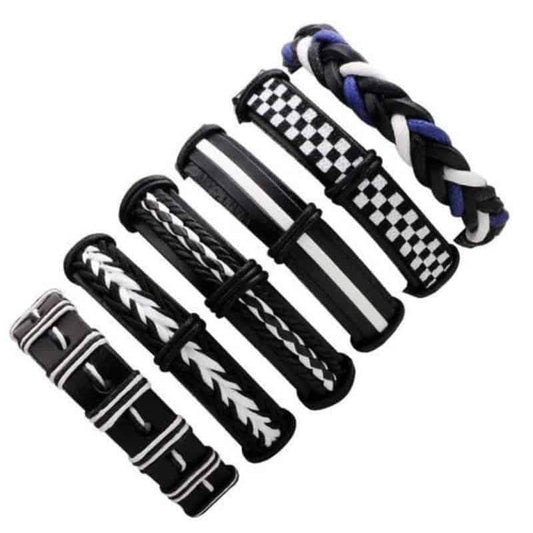Black & White Leather Bracelet in Rock Style & Braided Rope Wristband Set of 6 Pcs