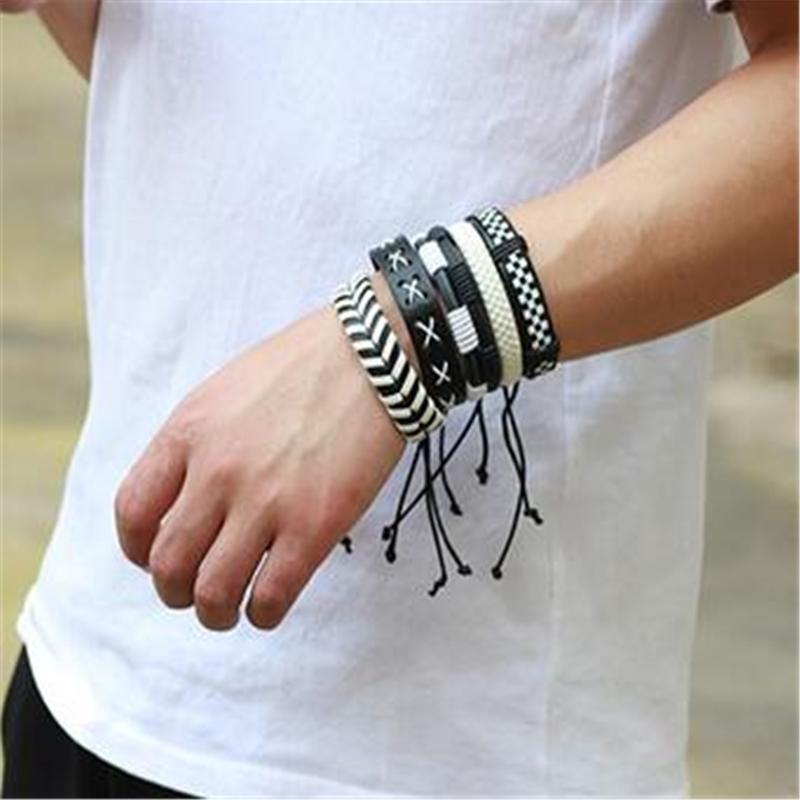 Black & White Leather Bracelet & Wristband in Rock Style Set of 5 Pcs