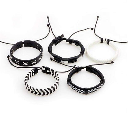 Black & White Leather Bracelet & Wristband in Rock Style Set of 5 Pcs