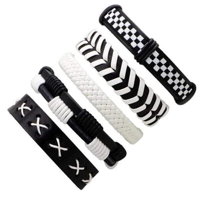 Black & White Leather Bracelet & Wristband in Rock Style Set of 5 Pcs