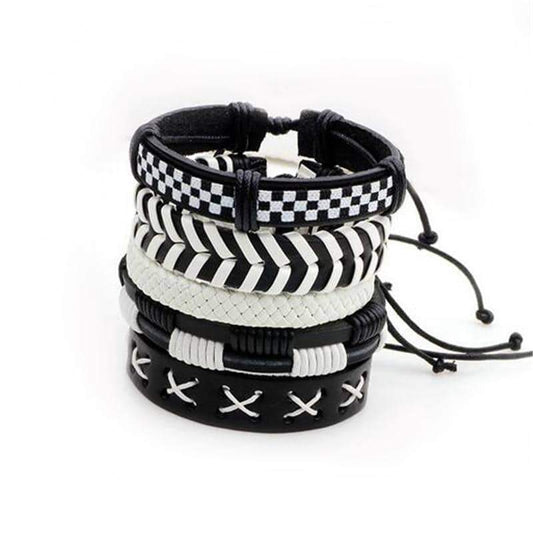 Black & White Leather Bracelet & Wristband in Rock Style Set of 5 Pcs