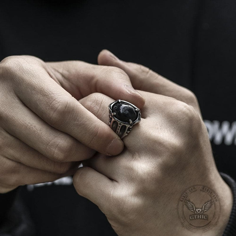Black Agate Stainless Steel Punk Gothic Ring