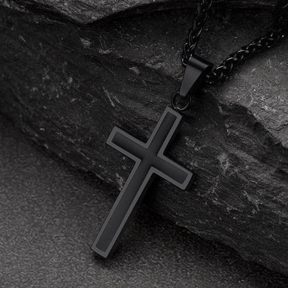 Flat Box Link Chain & Black Enamel Cross Layered Necklaces Set for