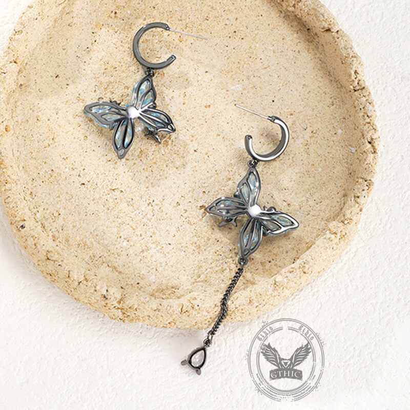 Blue Butterfly Tassel Asymmetrical Drop Earrings