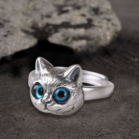 Blue Eye Cat Sterling Silver Open Ring