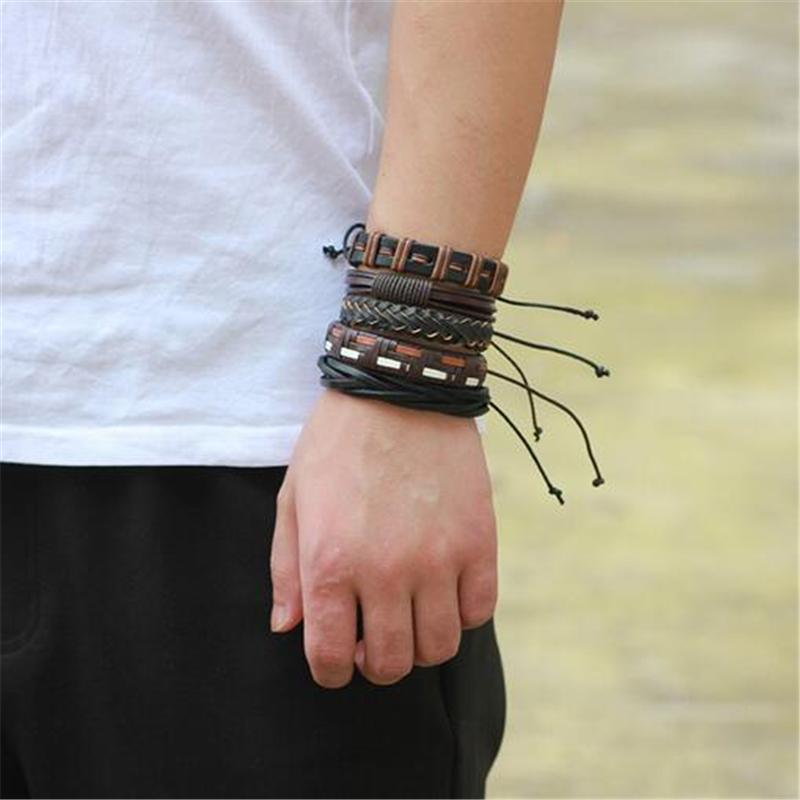Brown & Black Leather Bracelet in Rock Style & Braided Rope Wristband Set of 5 Pcs