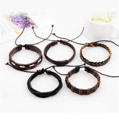Brown & Black Leather Bracelet in Rock Style & Braided Rope Wristband Set of 5 Pcs