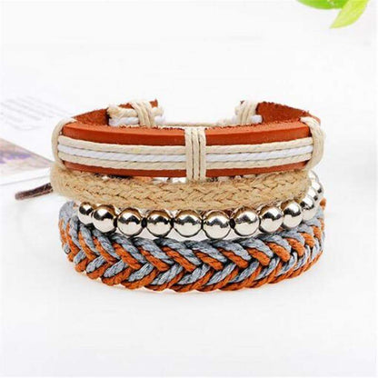 Brown Bracelet in Rock Style & Braided Rope Wristband Set of 4 Pcs