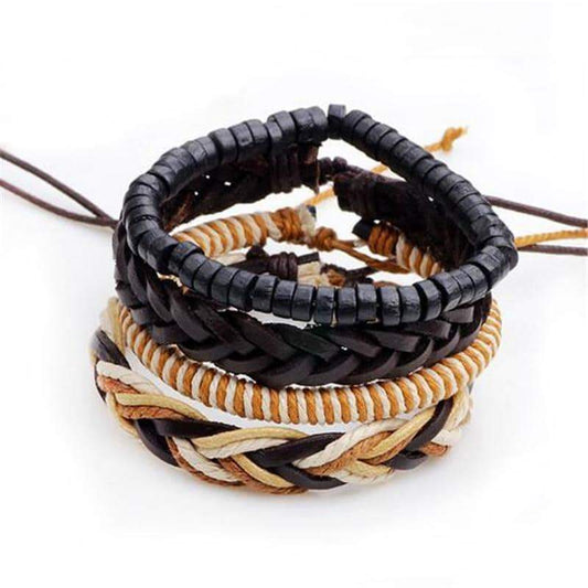 Brown Leather Bracelet in Rock Style & Braided Rope Wristband Set of 4 Pcs