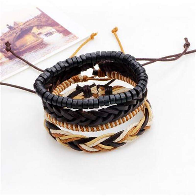 Brown Leather Bracelet in Rock Style & Braided Rope Wristband Set of 4 Pcs