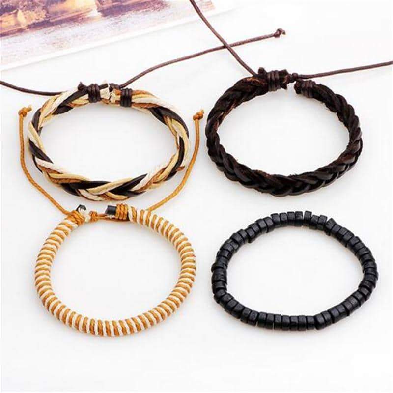 Brown Leather Bracelet in Rock Style & Braided Rope Wristband Set of 4 Pcs