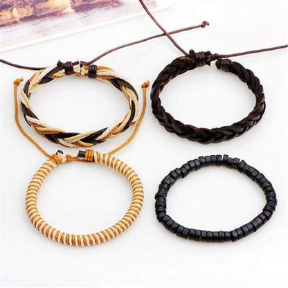 Brown Leather Bracelet in Rock Style & Braided Rope Wristband Set of 4 Pcs