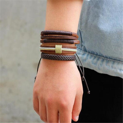 Brown Leather Bracelet in Rock Style / Braided Rope Wristband 5 Pcs Set
