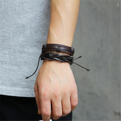 Brown Leather Bracelet in Rock Style & Braided Rope Wristband Set of 5 Pcs