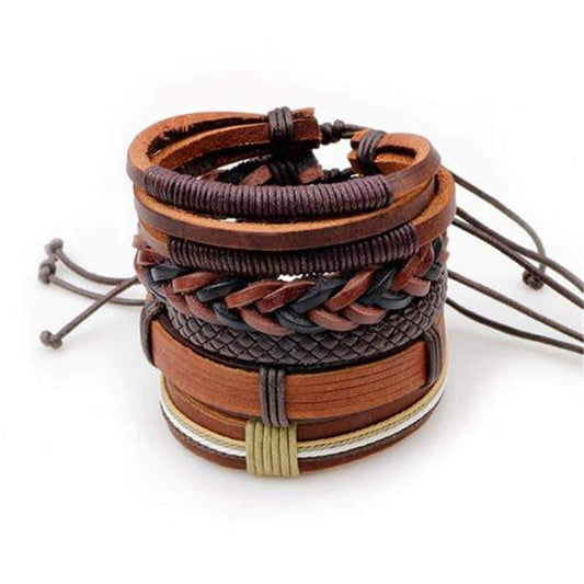 Brown Leather Bracelet in Rock Style / Braided Rope Wristband 5 Pcs Set