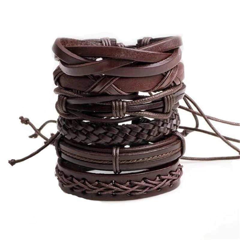 Brown Leather Bracelet in Rock Style & Braided Rope Wristband Set of 6 Pcs