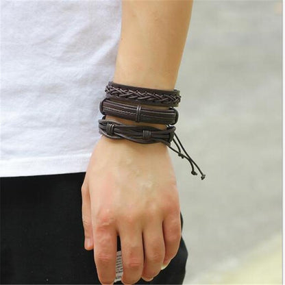 Brown Leather Bracelet in Rock Style & Braided Rope Wristband Set of 6 Pcs