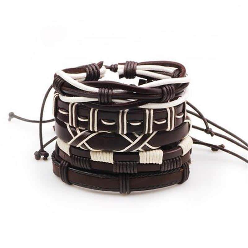 Brown & White Leather Bracelet & Wristband in Rock Style Set of 5 Pcs