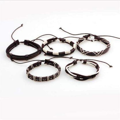 Brown & White Leather Bracelet & Wristband in Rock Style Set of 5 Pcs