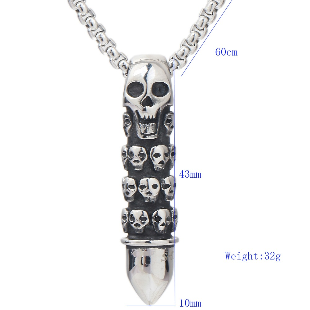 Bullet Shape Pendant Necklace Engraved With Sculls / Alternative Jewelry