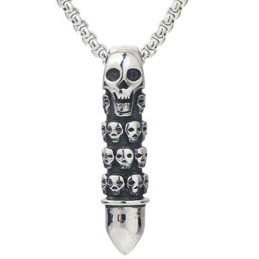 Bullet Shape Pendant Necklace Engraved With Sculls / Alternative Jewelry