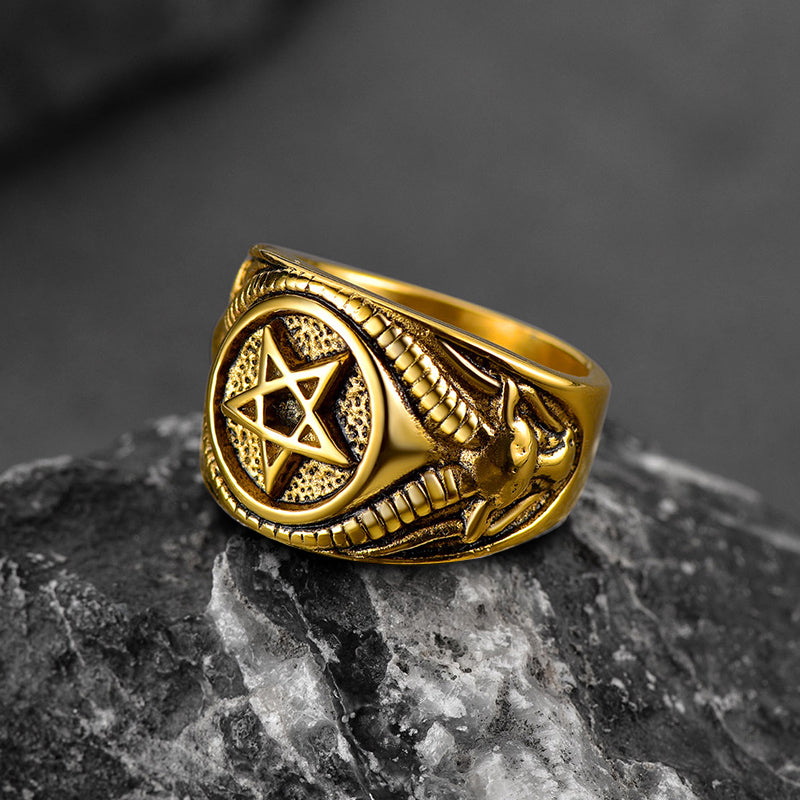 Satanic Goat Pentagram Ring Baphomet Ring for