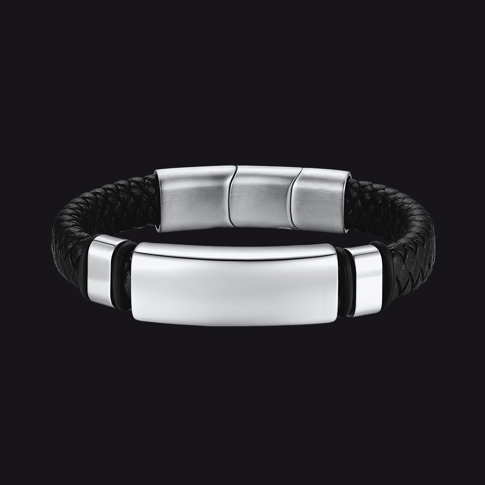 Custom Braided Black Engraved Leather Bracelet Cuff for