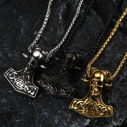 Viking Mjolnir Thor's Hammer Skull Necklace Pendant for