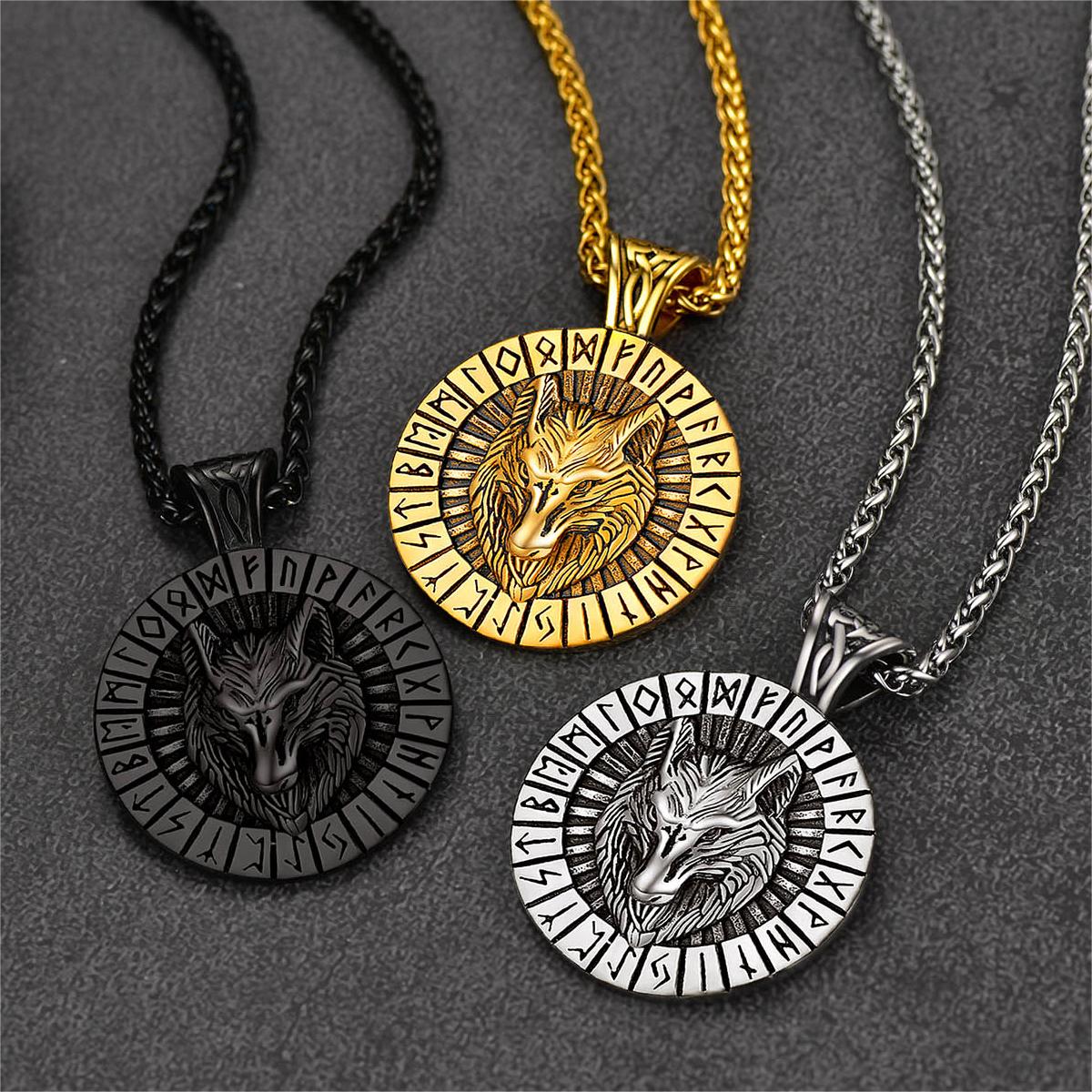 Viking Wolf Medal Necklace With Runes Jewelry for