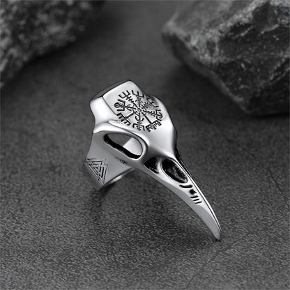 Raven Skull Ring With Viking Compass for