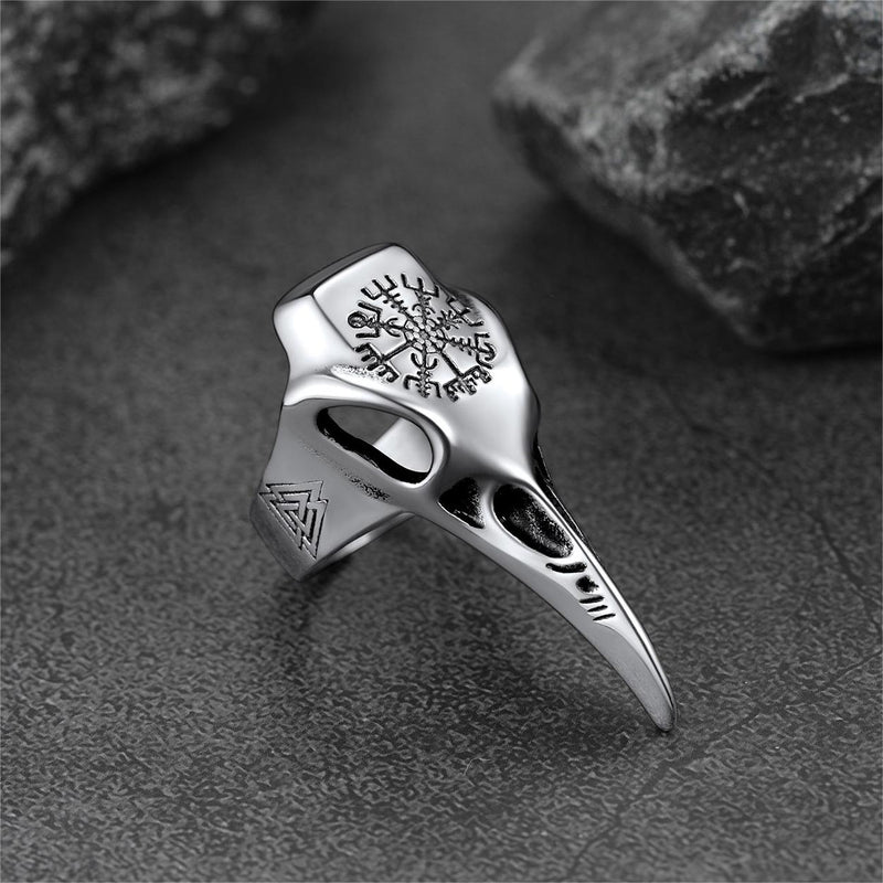 Raven Skull Ring With Viking Compass for