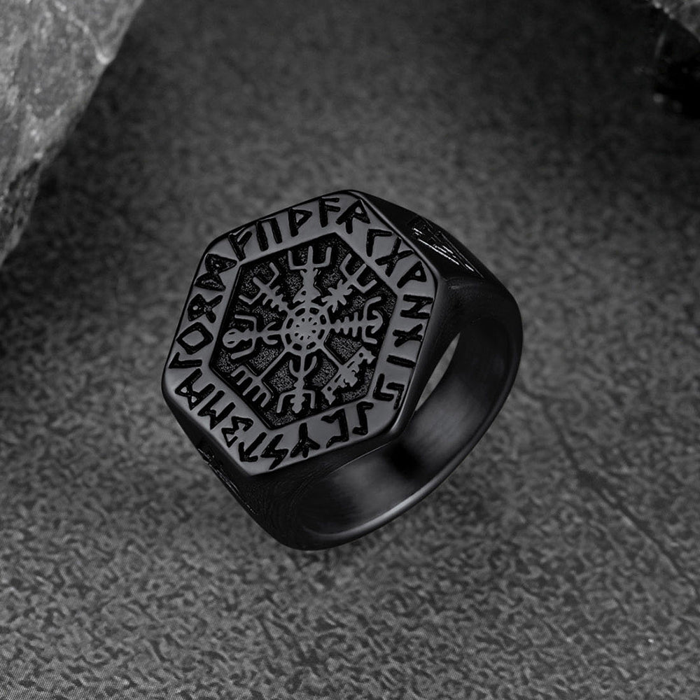 Viking Hexagon Compass Ring With Runes for
