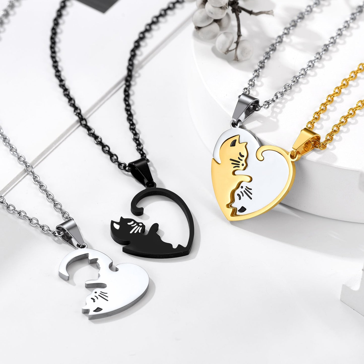 Custom Cat Heart Matching Puzzle Necklaces for Couples Bff Pet Lover