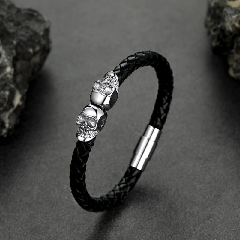 Black Braided Leather Bracelet With Skull for