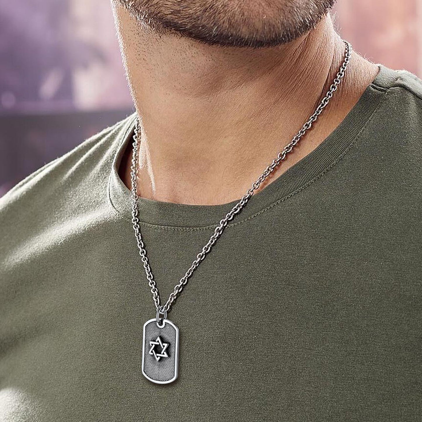 Engraved Jewish Star of David Dog Tag Necklace for