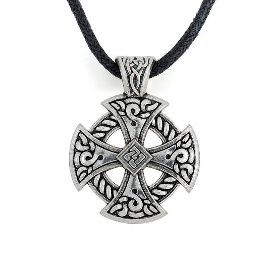 Celtic Cross Shield Pendant Necklace / Viking Style Jewelry / Leather Knot Necklace