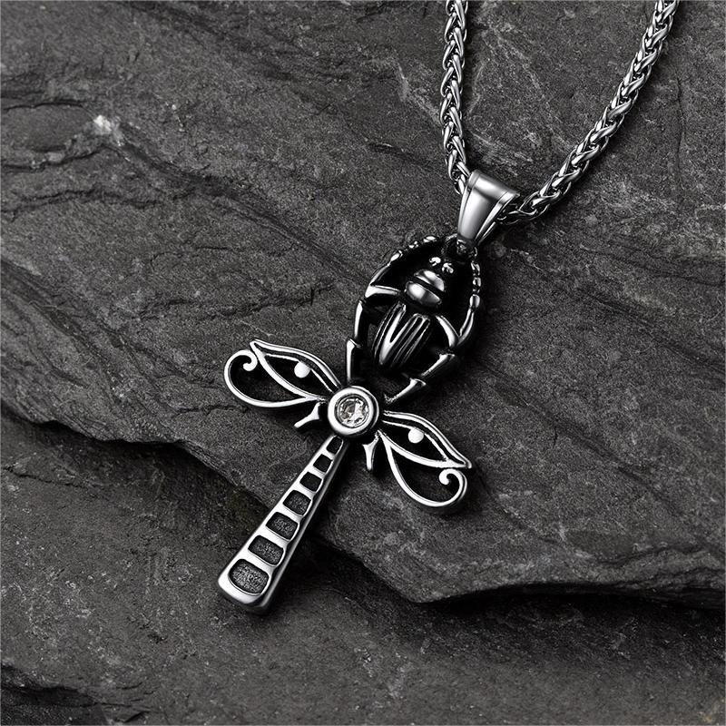 Egyptian Scarab Ankh Cross Necklace for