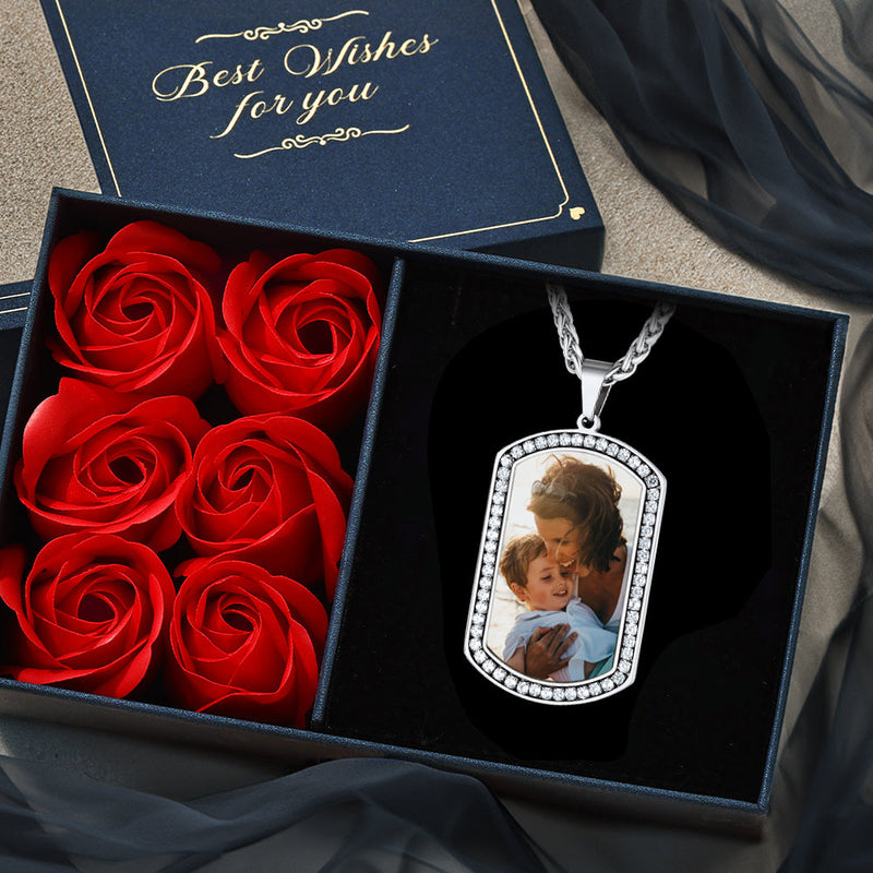 Customized Picture Dog Tag Necklace With Cubic Zirconia Memorial Gift for