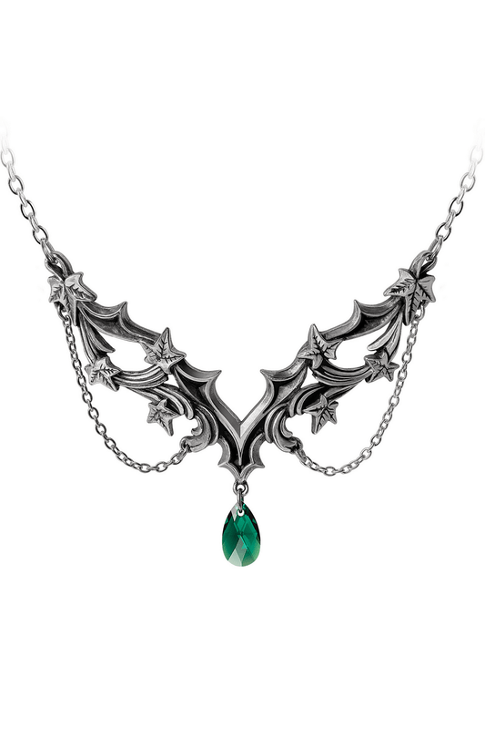 Churchyard Gothic Necklace Ivy Leaves With Green Crystal