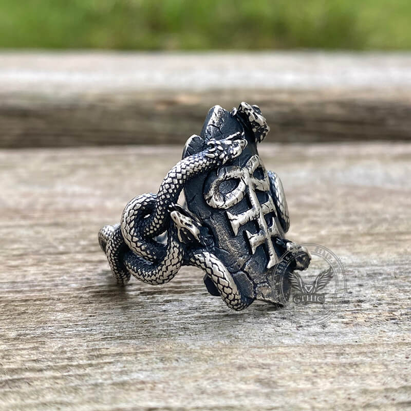 Coiled Snake Leviathan Cross Sterling Silver Ring