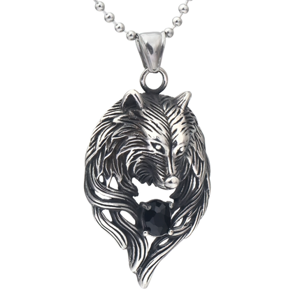 Cool Stainless Steel Wolf's Head With Black Crystal Pendant Necklace / Punk Style Jewelry