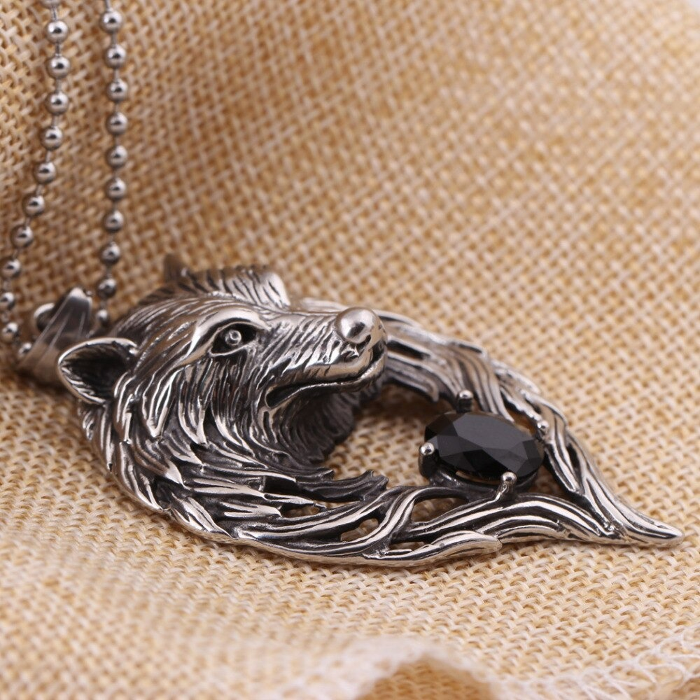 Cool Stainless Steel Wolf's Head With Black Crystal Pendant Necklace / Punk Style Jewelry