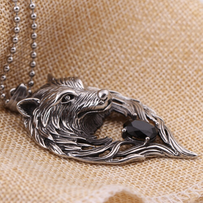 Cool Stainless Steel Wolf's Head With Black Crystal Pendant Necklace / Punk Style Jewelry