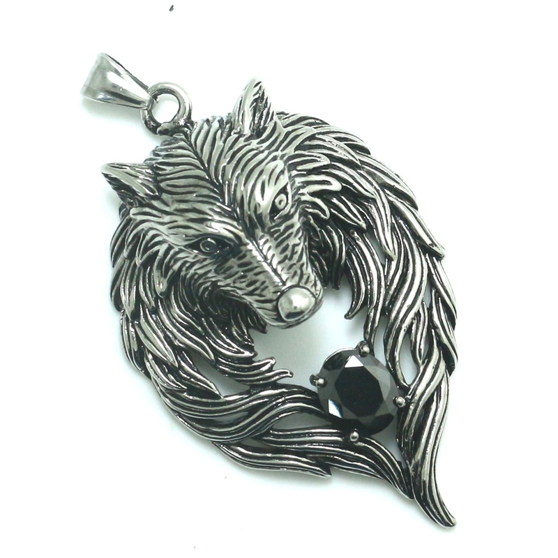 Cool Stainless Steel Wolf's Head With Black Crystal Pendant Necklace / Punk Style Jewelry