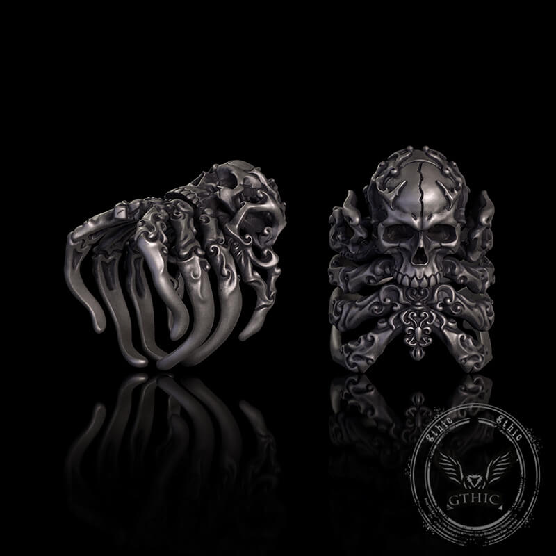 Cracked Skull Eight Tentacles Sterling Silver Gothic Ring