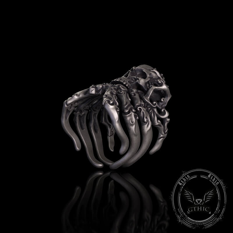 Cracked Skull Eight Tentacles Sterling Silver Gothic Ring