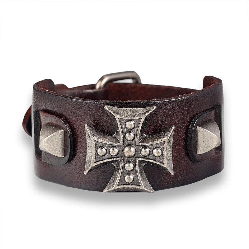 Cross Wide Genuine Leather Wrap Bracelet for and / Biker Jewelry